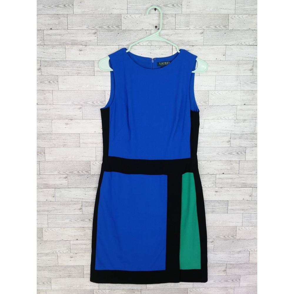Women's Ralph Lauren Blue Green Color Block Shift Sheath Dress Size 6 Career